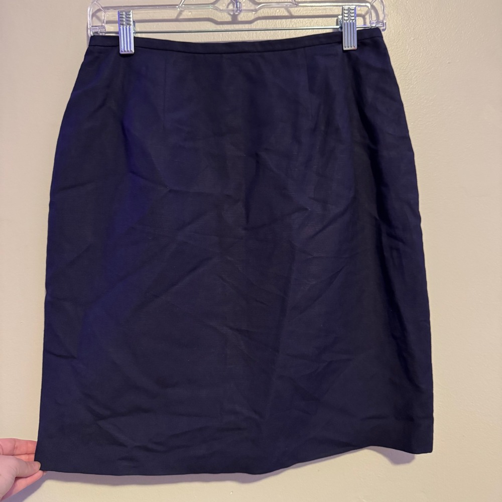 Vintage Liz Claiborne Women's Navy Blue Linen Blend Midi Skirt Petite 8P